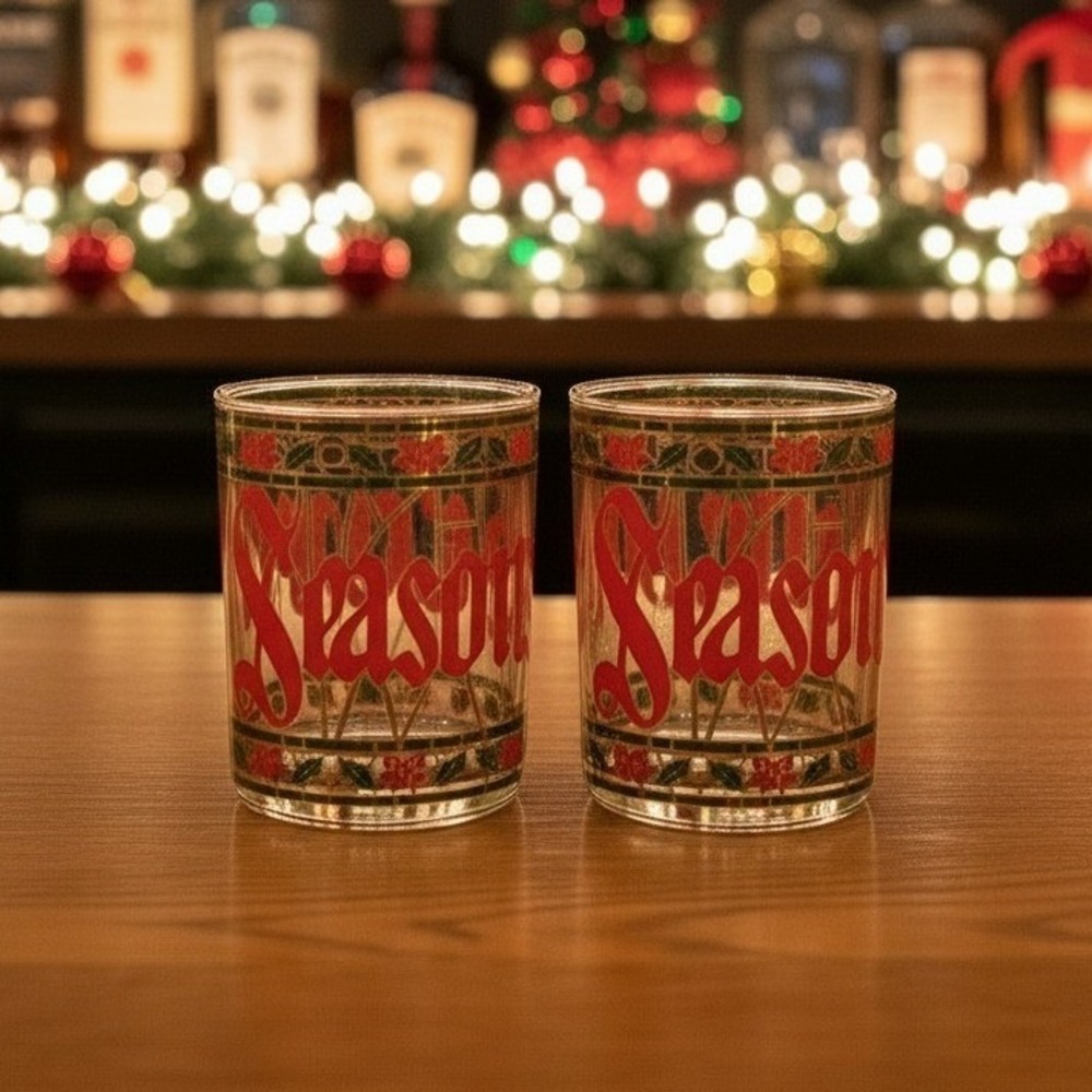 Culver "Seasons Greetings" Christmas Lowball Tumblers, Set Of 2, Stained Design
